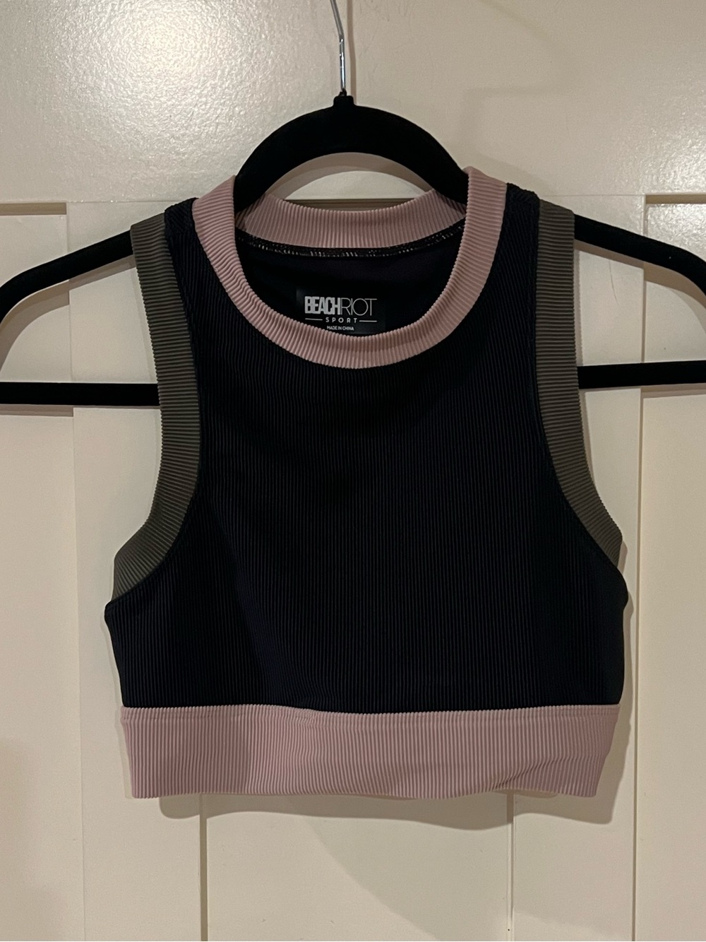 Beach Riot Gwen Colorblock Ribbed Crop Bikini Top Black Olive Tan Gym Beach XS - Picture 7 of 13